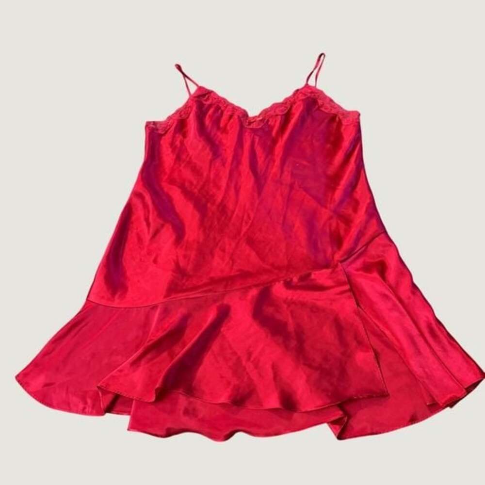 Delicates Red Satin Lace Trim Ruffle Hem Chemise Nightgown Womens Large